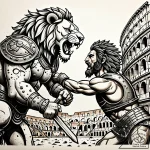 Gladiator fighting a lion in a ruined colosse… – style Jaeger Simple – tattoo sketch (04.11.2025 21:13)