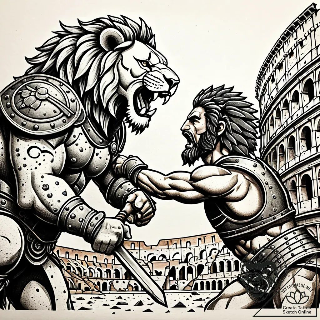 Gladiator fighting a lion in a ruined colosse... - style Jaeger Simple - tattoo sketch (04.11.2025 21:13)