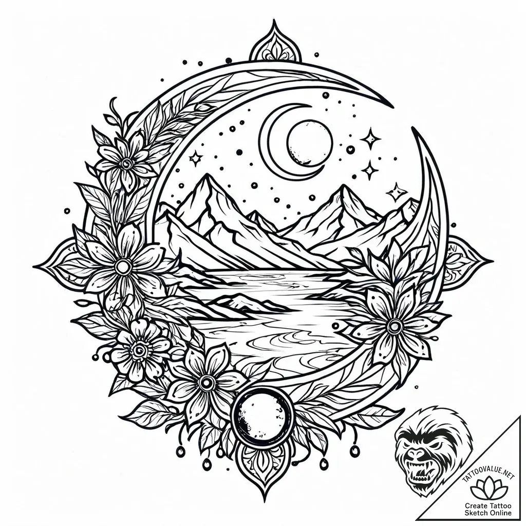 Lunar bloom beneath icy river, artistic tatto... - style Jaeger Mini - tattoo sketch (04.11.2025 21:18)