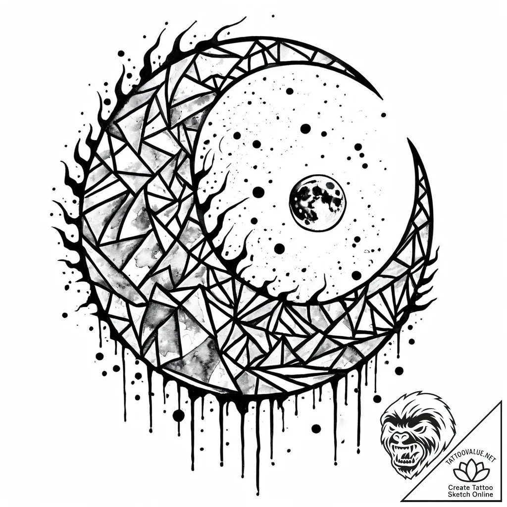 Iron relic beneath shattered moon, tattoo lin... - style Jaeger Mini - tattoo sketch (04.11.2025 21:38)