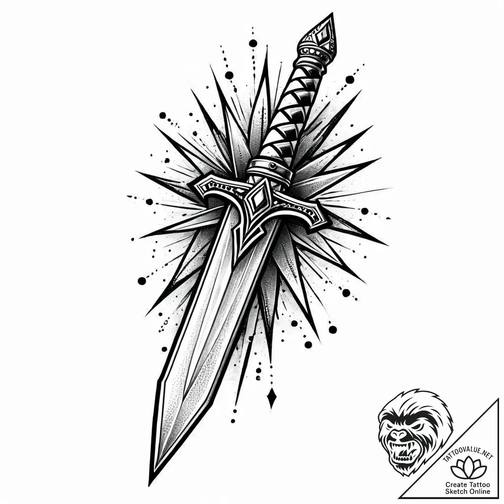 Animated dagger spinning mid-air, tattoo flas... - style Jaeger Mini - tattoo sketch (04.11.2025 21:58)