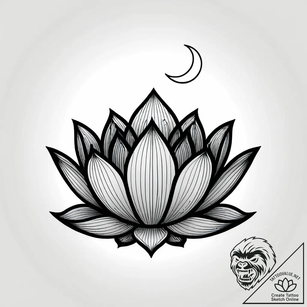 Blooming lotus with a crescent moon resting o... - style Jagger Old - tattoo sketch (04.11.2025 22:44)