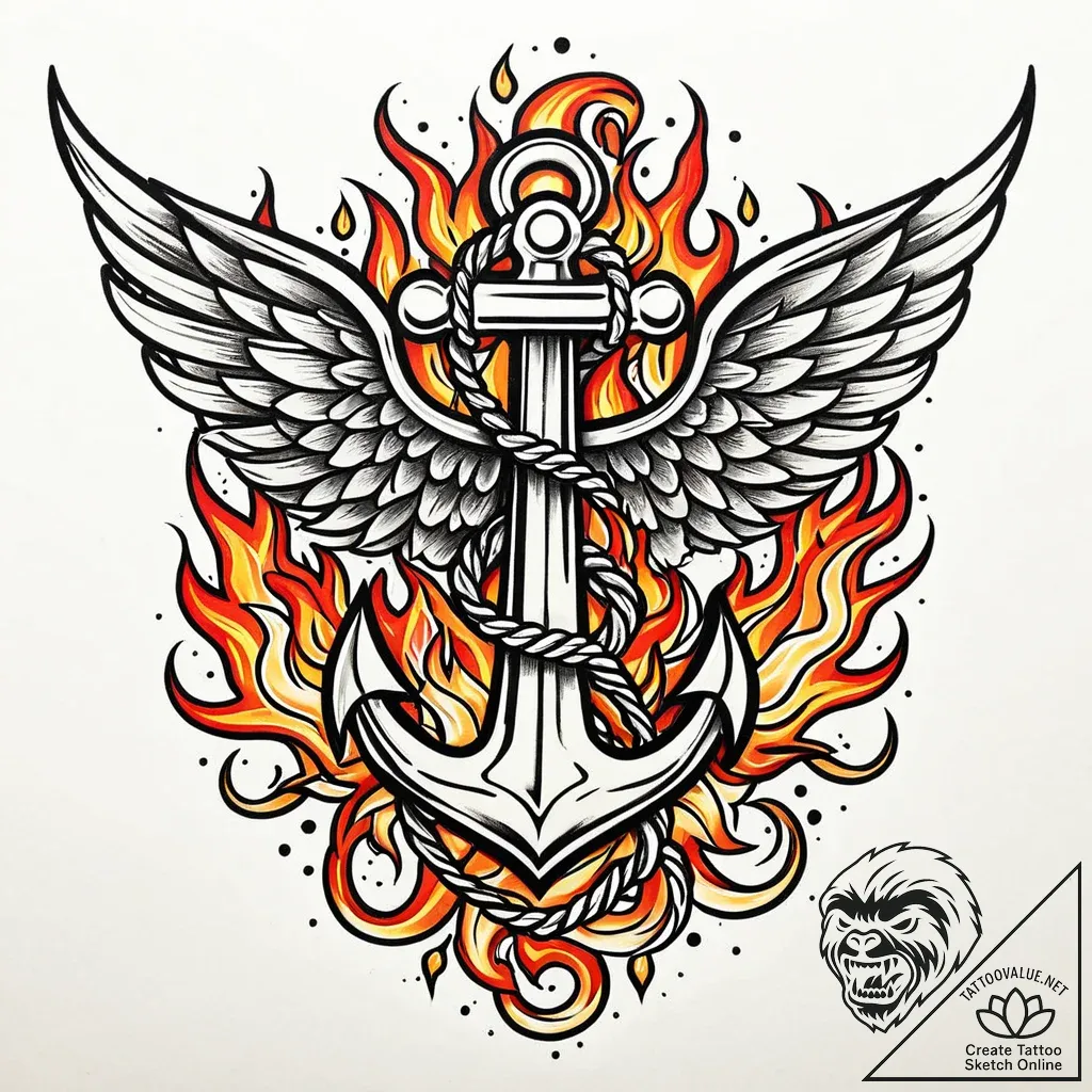 Anchor with wings and flames, tattoo line art... - style Jaeger Mini - tattoo sketch (04.11.2025 22:58)