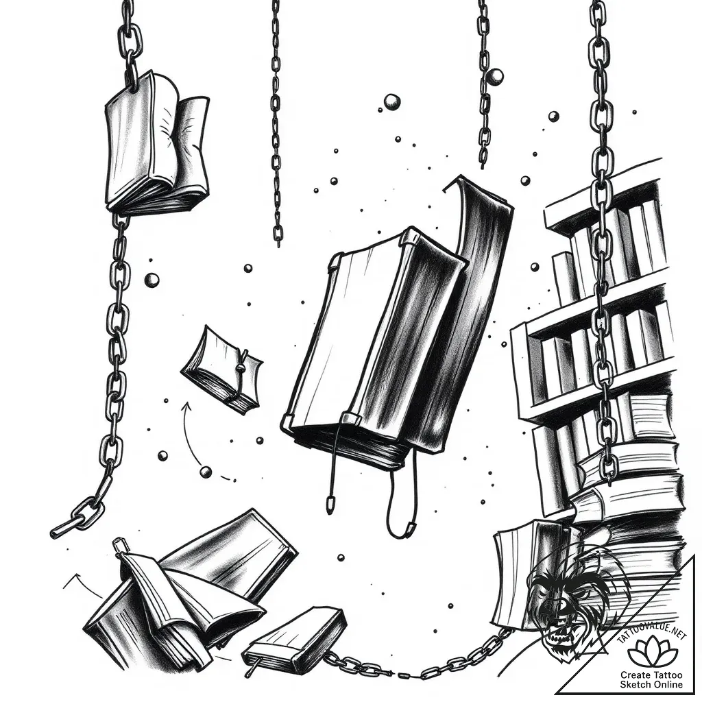 Library with floating books and chains, tatto... - style Flux Inscriptions - tattoo sketch (04.11.2025 23:08)