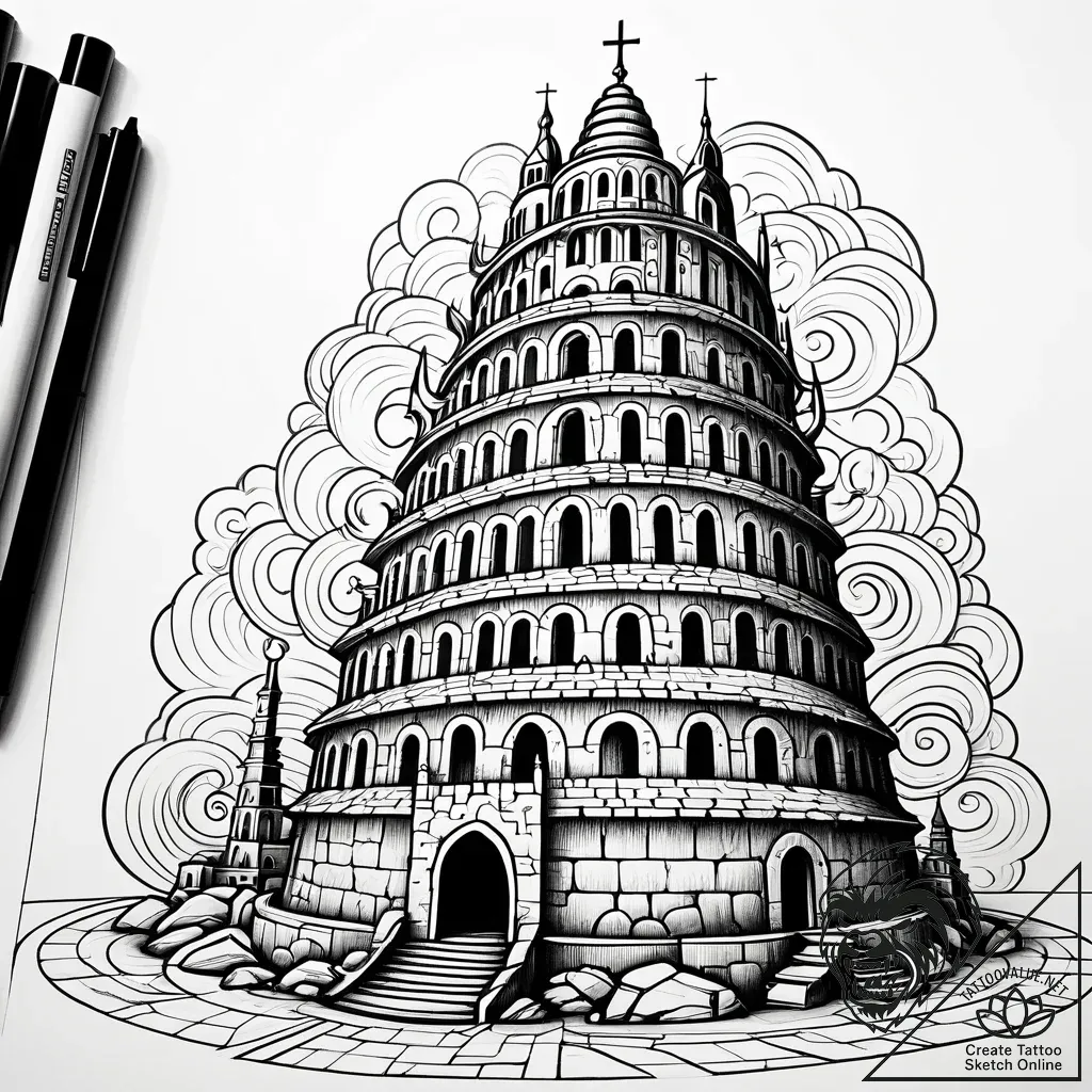 Tower of babel, unfinished and crumbling, con... - style Jaeger Simple - tattoo sketch (05.11.2025 01:13)