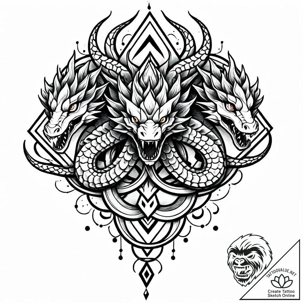 Hydra with heads of fire, ice, and shadow, ar... - style Jaeger Mini - tattoo sketch (05.11.2025 01:38)