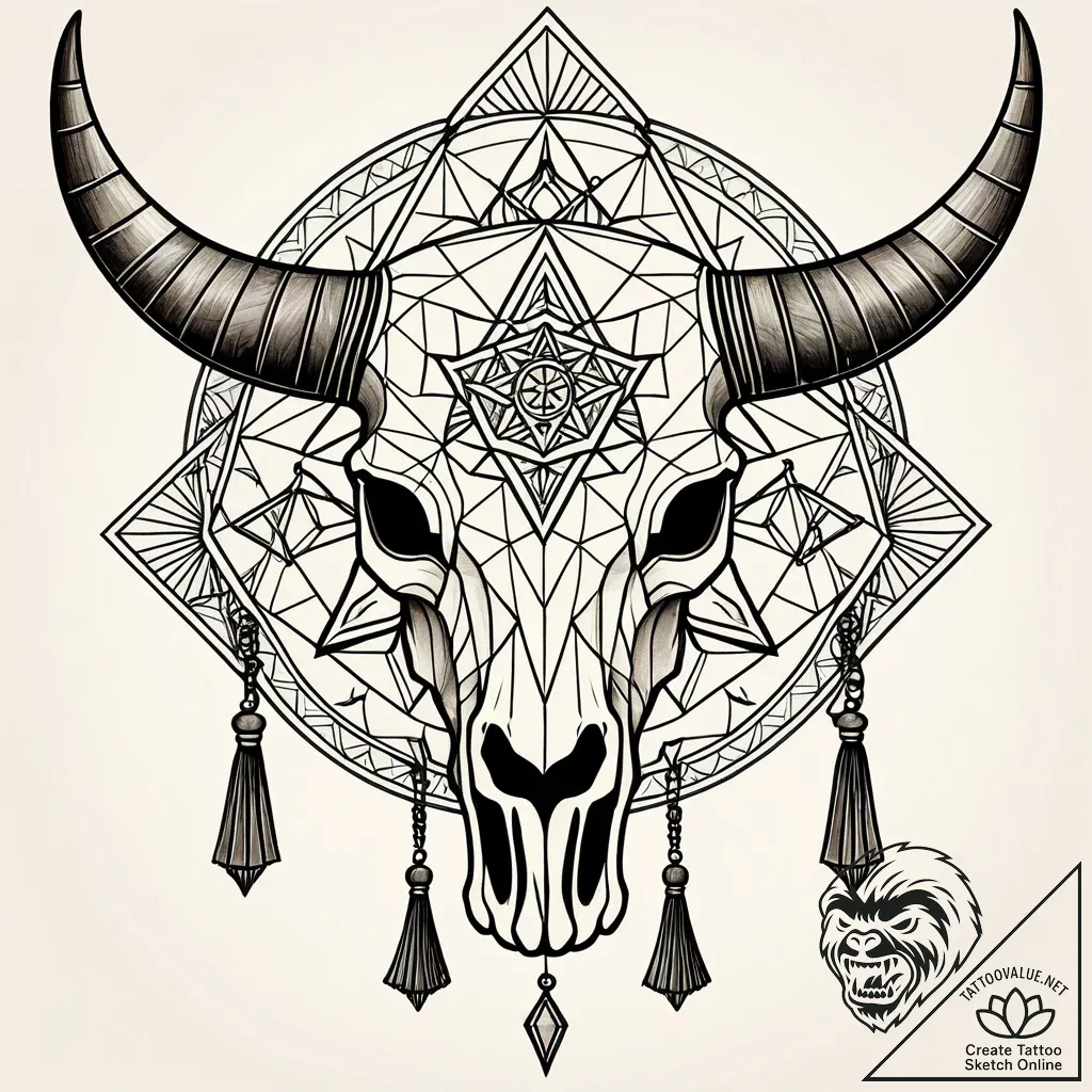 Yak skull with prayer flags, tattoo sketch de... - style Jaeger Simple - tattoo sketch (05.11.2025 01:53)