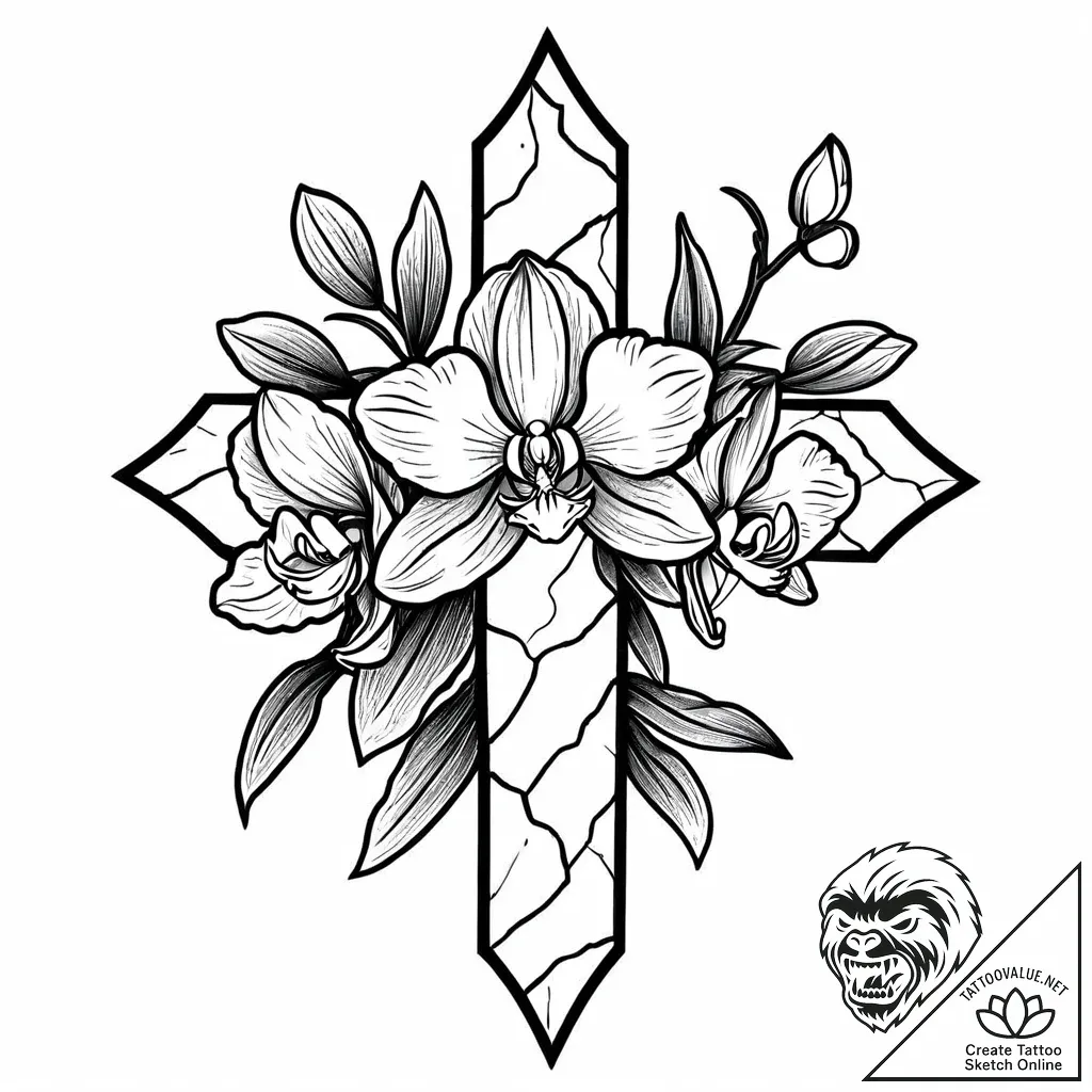 Orchid blooming through stone wall, tattoo dr... - style Jaeger Mini - tattoo sketch (05.11.2025 01:58)