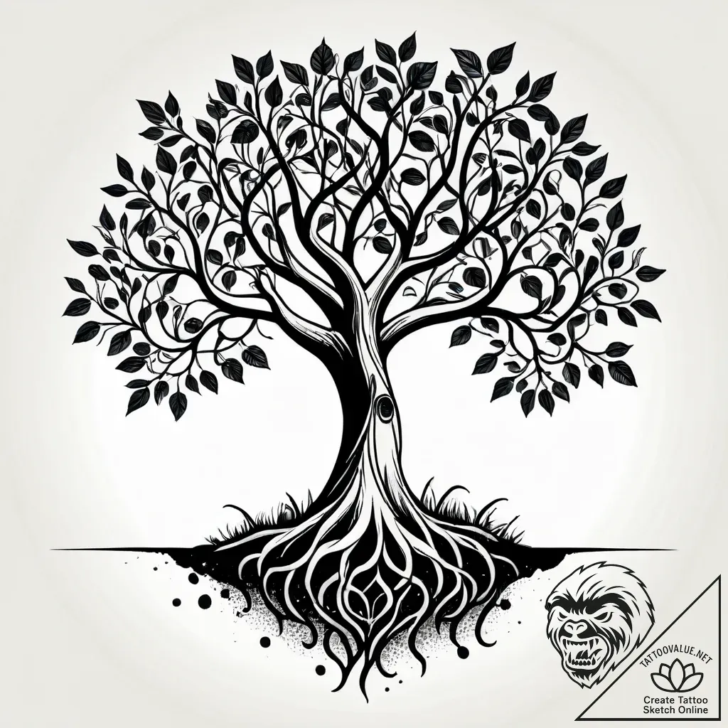 Beech tree with deep, visible roots, ink illu... - style Jagger Old - tattoo sketch (05.11.2025 02:43)