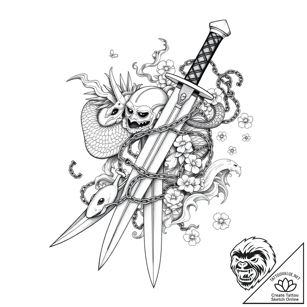 Dagger bound in ritual chains, concept art fo... - style Flux Inscriptions - tattoo sketch (05.11.2025 03:23)