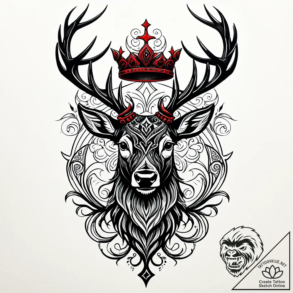 Black stag crowned in obsidian, tattoo sketch... - style Jaeger Simple - tattoo sketch (05.11.2025 03:28)