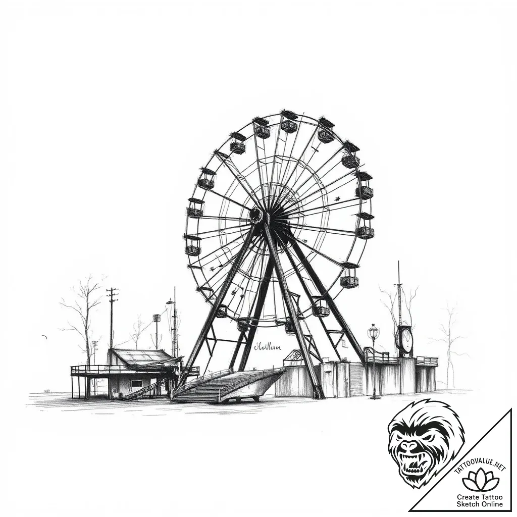 An abandoned amusement park at dusk, rusted f... - style Flux Inscriptions - tattoo sketch (05.11.2025 03:43)