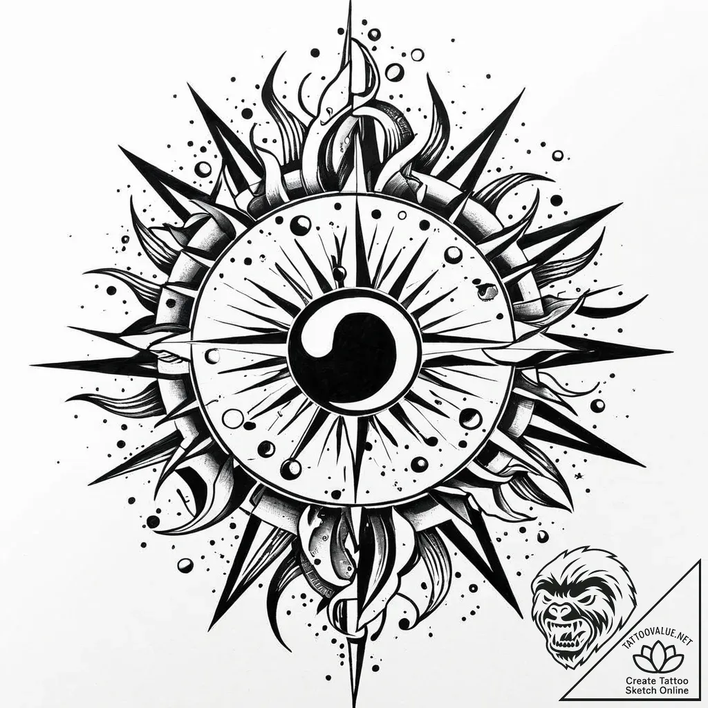 Iron relic beneath eclipsed sun, artistic tat... - style Jaeger Mini - tattoo sketch (05.11.2025 04:33)