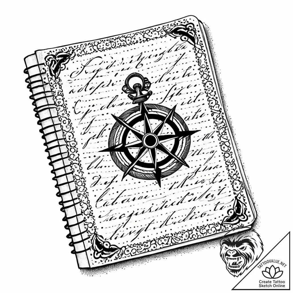 Captain's logbook with elegant, cursive scrip... - style Jaeger Mini - tattoo sketch (05.11.2025 05:13)