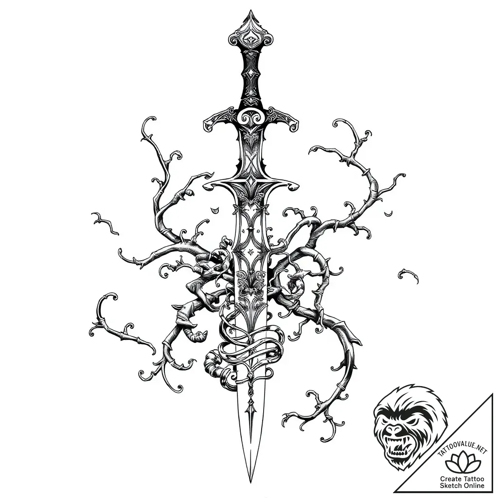 Dagger entwined with spirit vines, concept ar... - style Flux Inscriptions - tattoo sketch (05.11.2025 06:23)