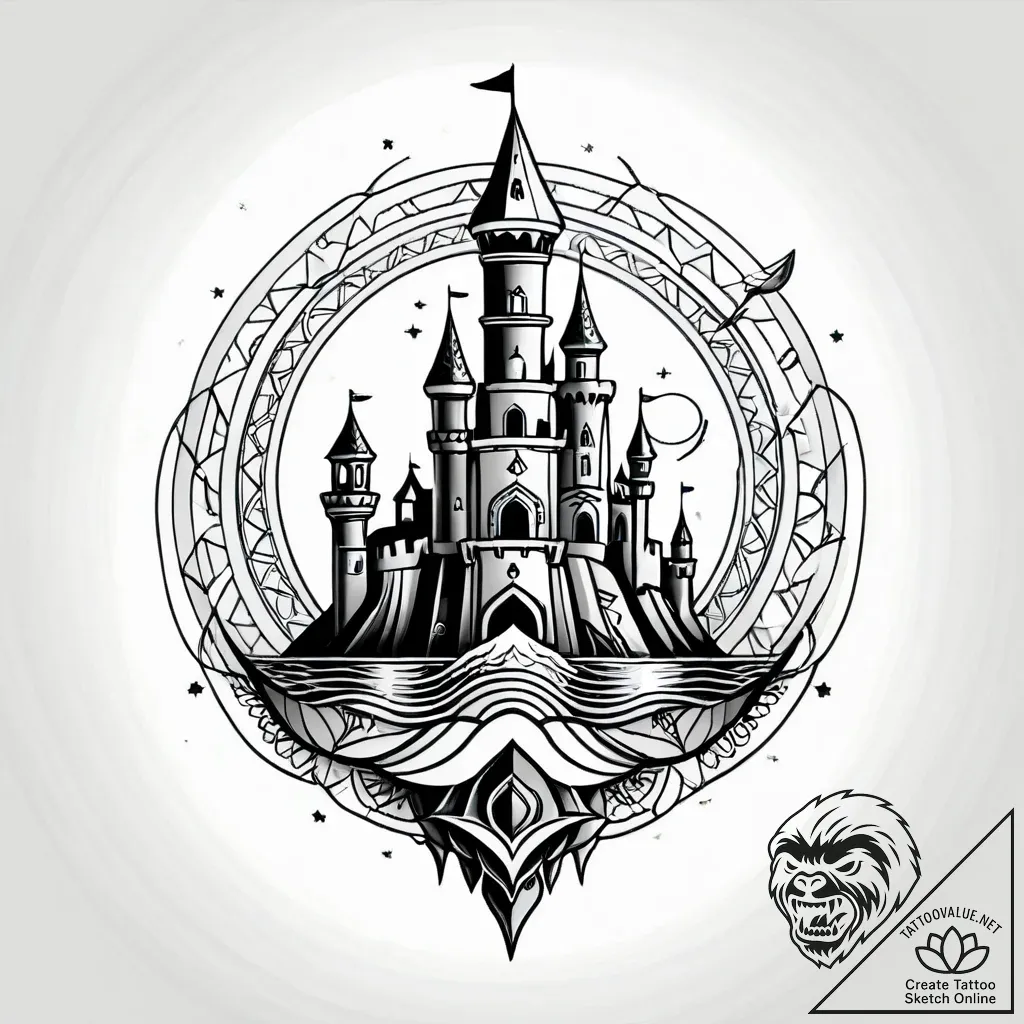 Floating castle chained to the ocean floor, i... - style Jagger Old - tattoo sketch (05.11.2025 07:18)