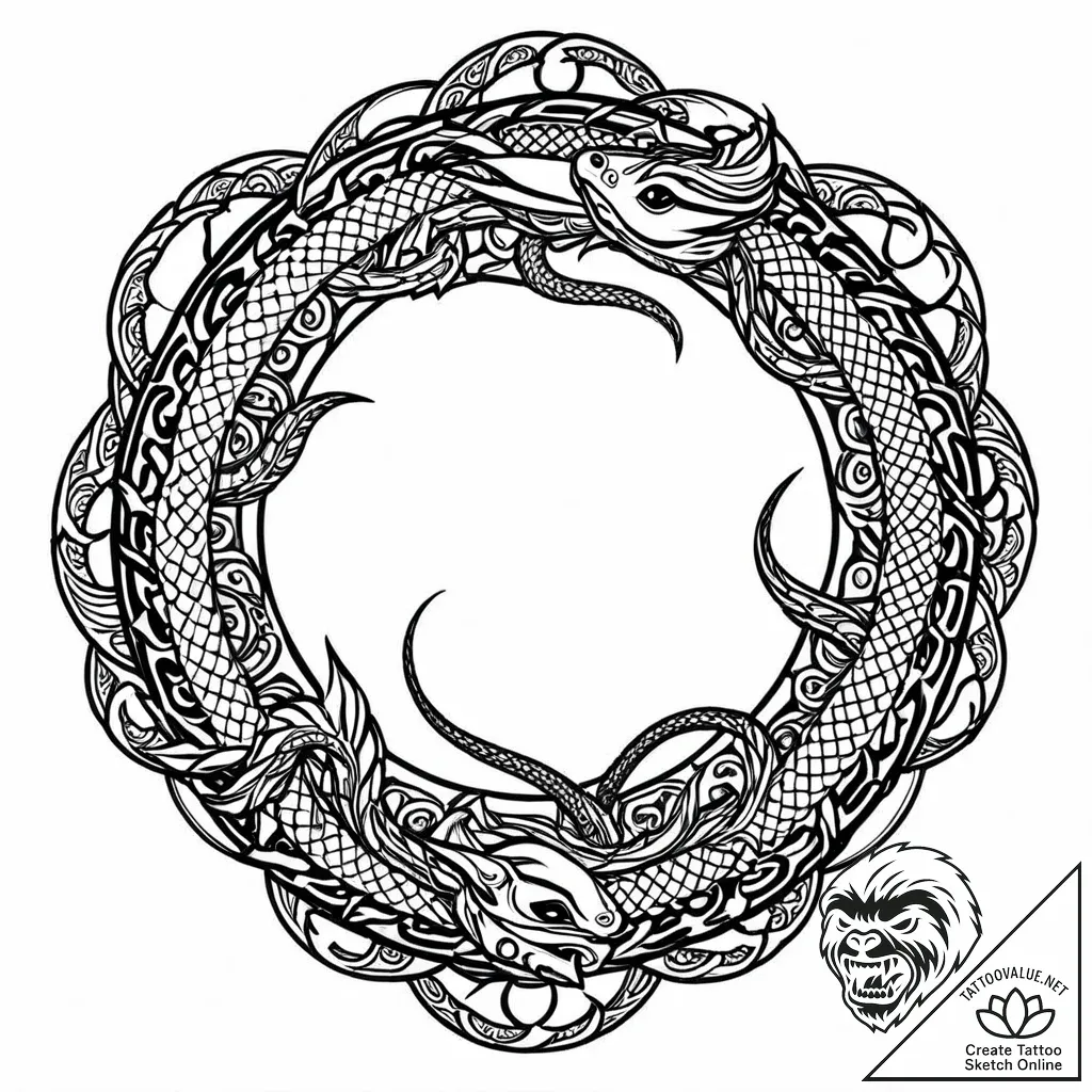 Ouroboros as a mechanical, segmented serpent,... - style Jaeger Mini - tattoo sketch (05.11.2025 07:33)