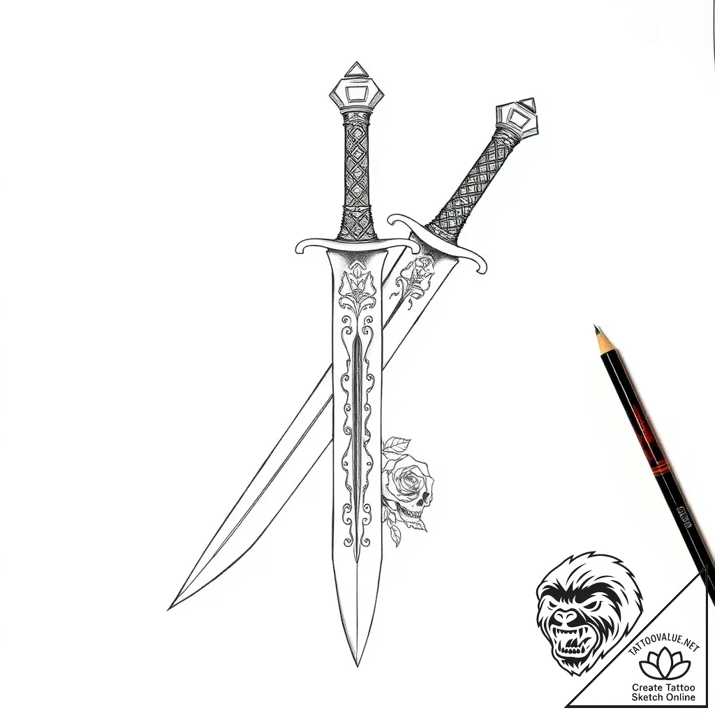 Graven blade with runic hilt, tattoo drawing... - style Flux Inscriptions - tattoo sketch (05.11.2025 07:43)