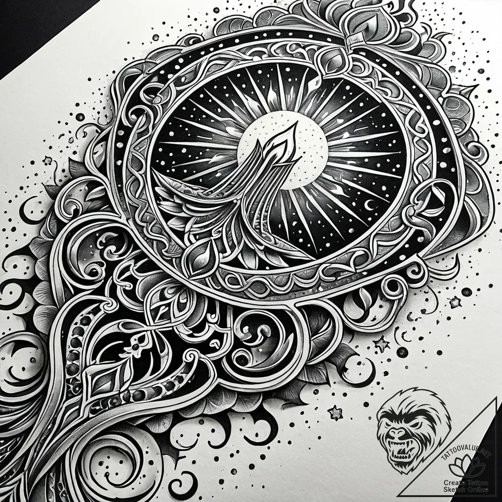 Gleaming relic beneath burning sky, artistic... - style Jaeger Simple - tattoo sketch (05.11.2025 07:48)