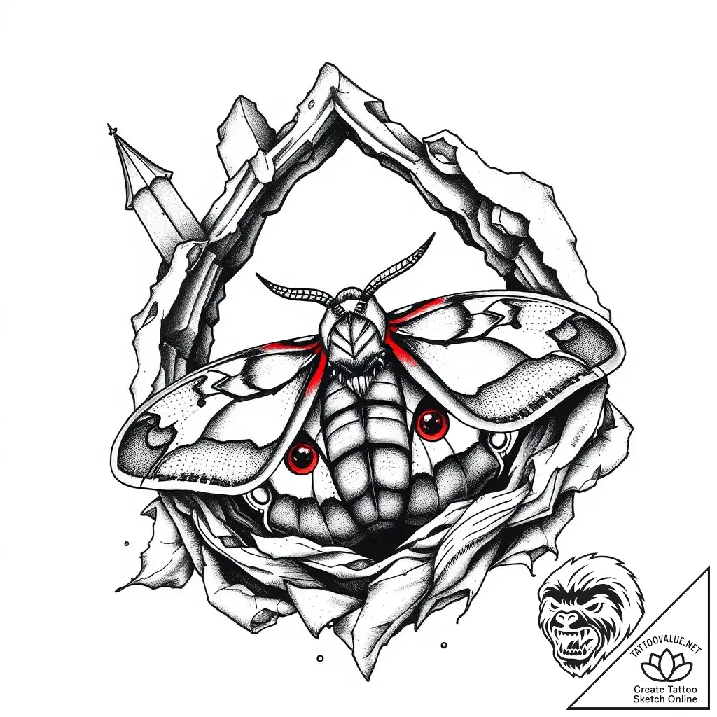 Moth cocoon beneath shattered spire, tattoo d... - style Flux Inscriptions - tattoo sketch (05.11.2025 08:43)