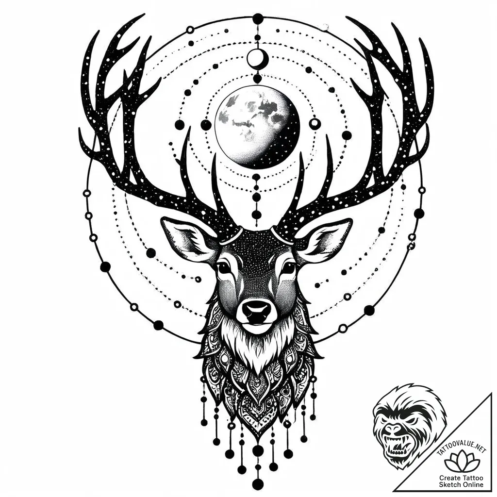 Astral stag standing on moon, artistic tattoo... - style Jaeger Mini - tattoo sketch (05.11.2025 09:13)