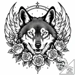 Angel wolf with flames beneath paws, tattoo l… – style Jaeger Mini – tattoo sketch (05.11.2025 09:53)