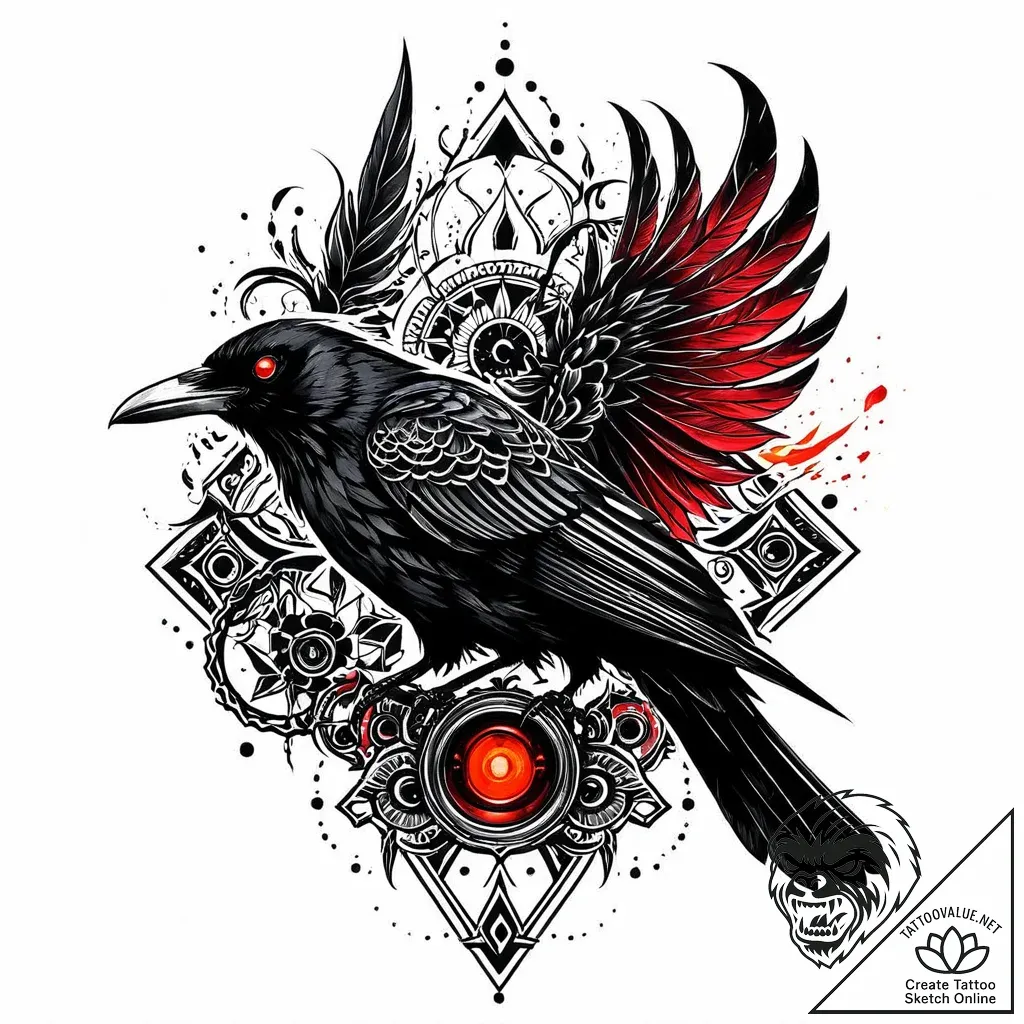 Crimson raven with burning eyes, tattoo flash... - style Jaeger Mini - tattoo sketch (05.11.2025 10:13)