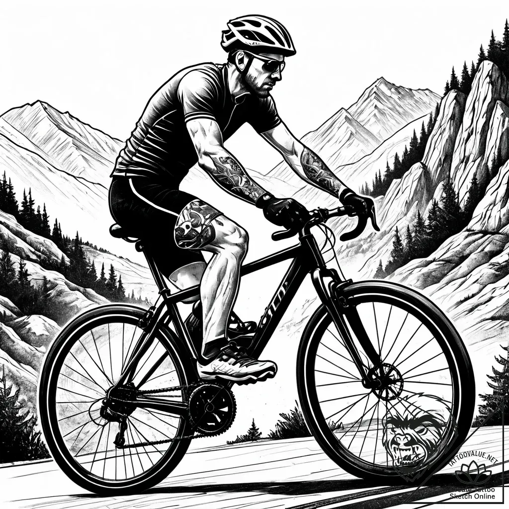 Tat tattoo sketch, cyclist pedaling uphill wi... - style Jaeger Simple - tattoo sketch (05.11.2025 10:48)