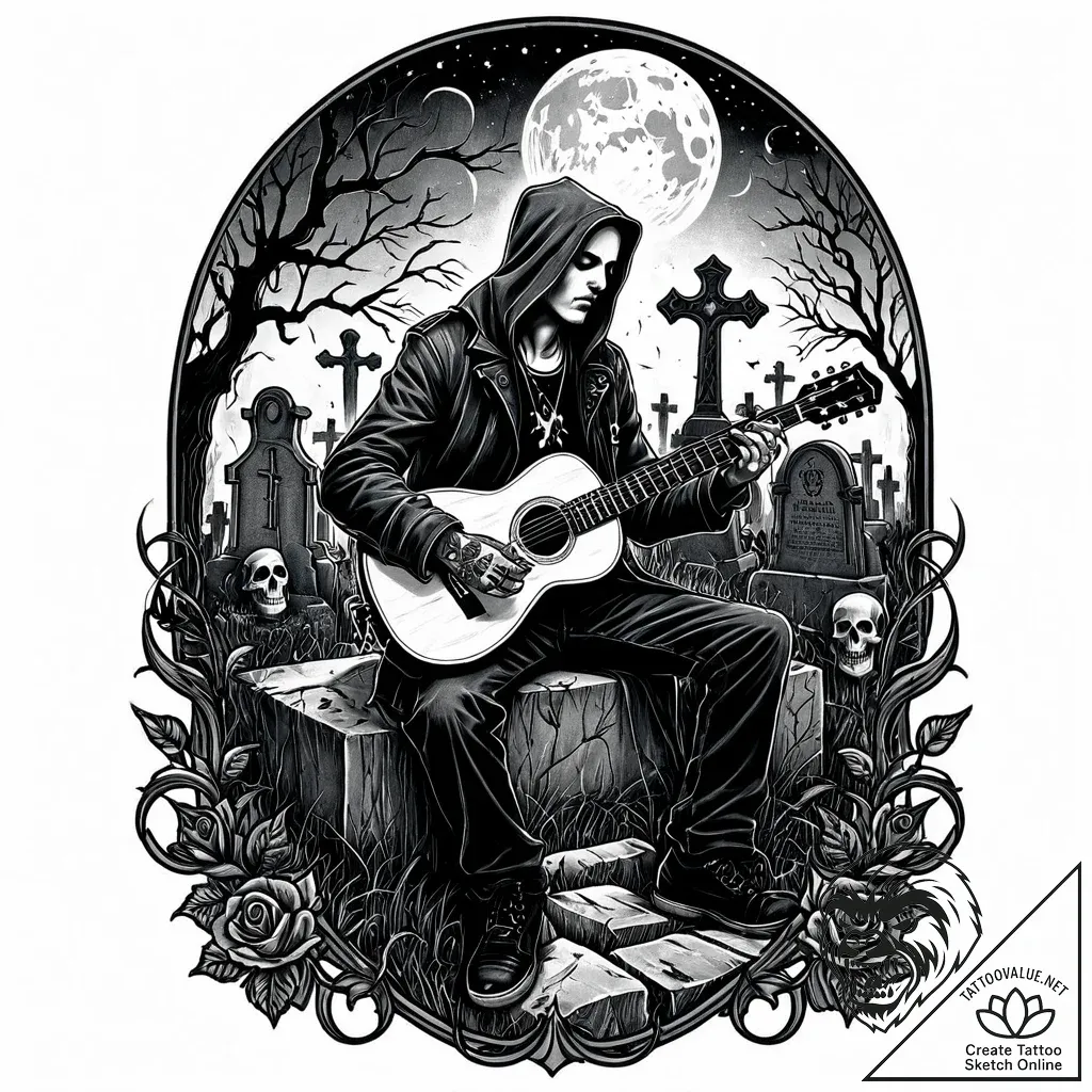 Tattoo sketch, hector playing guitar in grave... - style Jaeger Mini - tattoo sketch (05.11.2025 11:13)