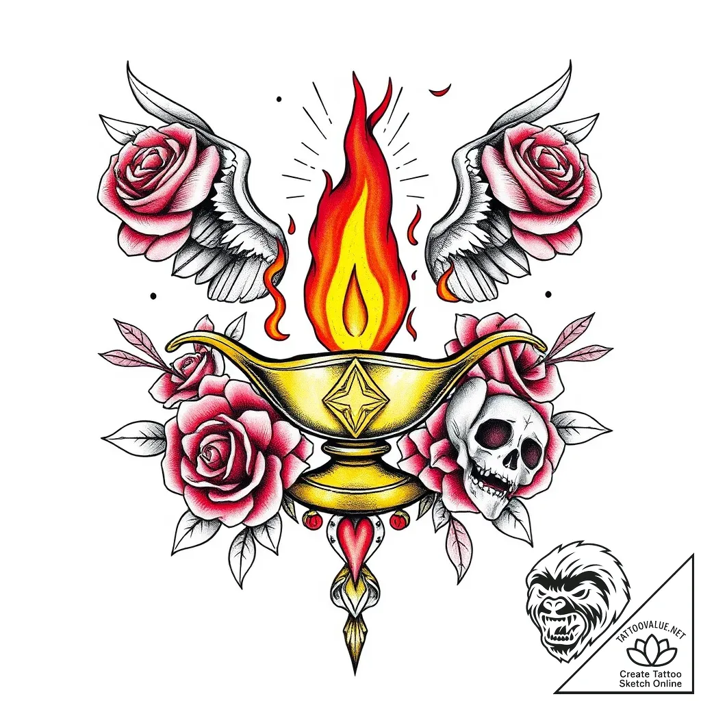 A powerful burning oil lamp, ancient,, tattoo... - style Flux Inscriptions - tattoo sketch (05.11.2025 11:23)