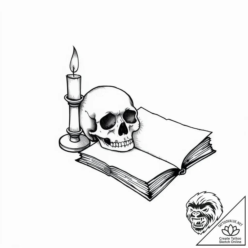 Vanitas still life (skull, candle, book), art... - style Flux Inscriptions - tattoo sketch (05.11.2025 11:43)