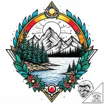 Layered landscape, mountains, forest, lake, m… – style Jaeger Mini – tattoo sketch (05.11.2025 12:13)