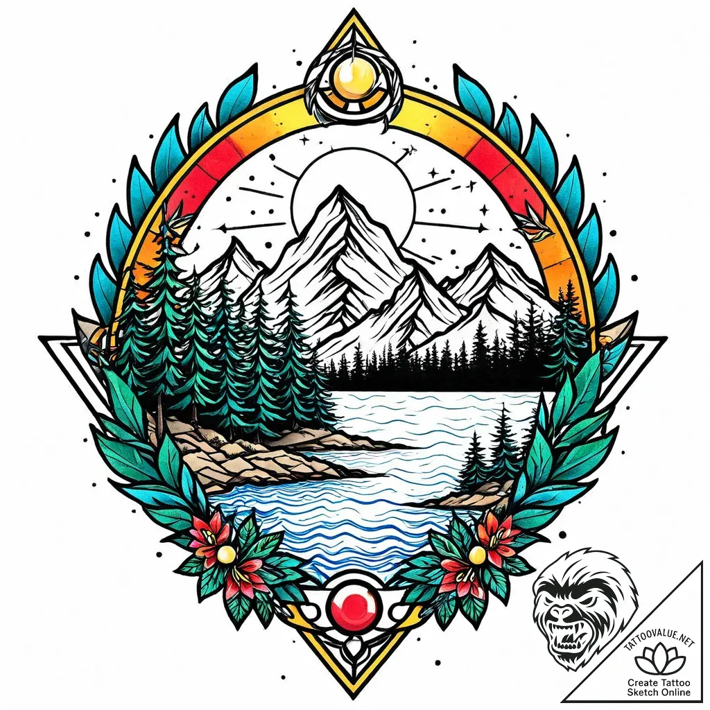 Layered landscape, mountains, forest, lake, m... - style Jaeger Mini - tattoo sketch (05.11.2025 12:13)