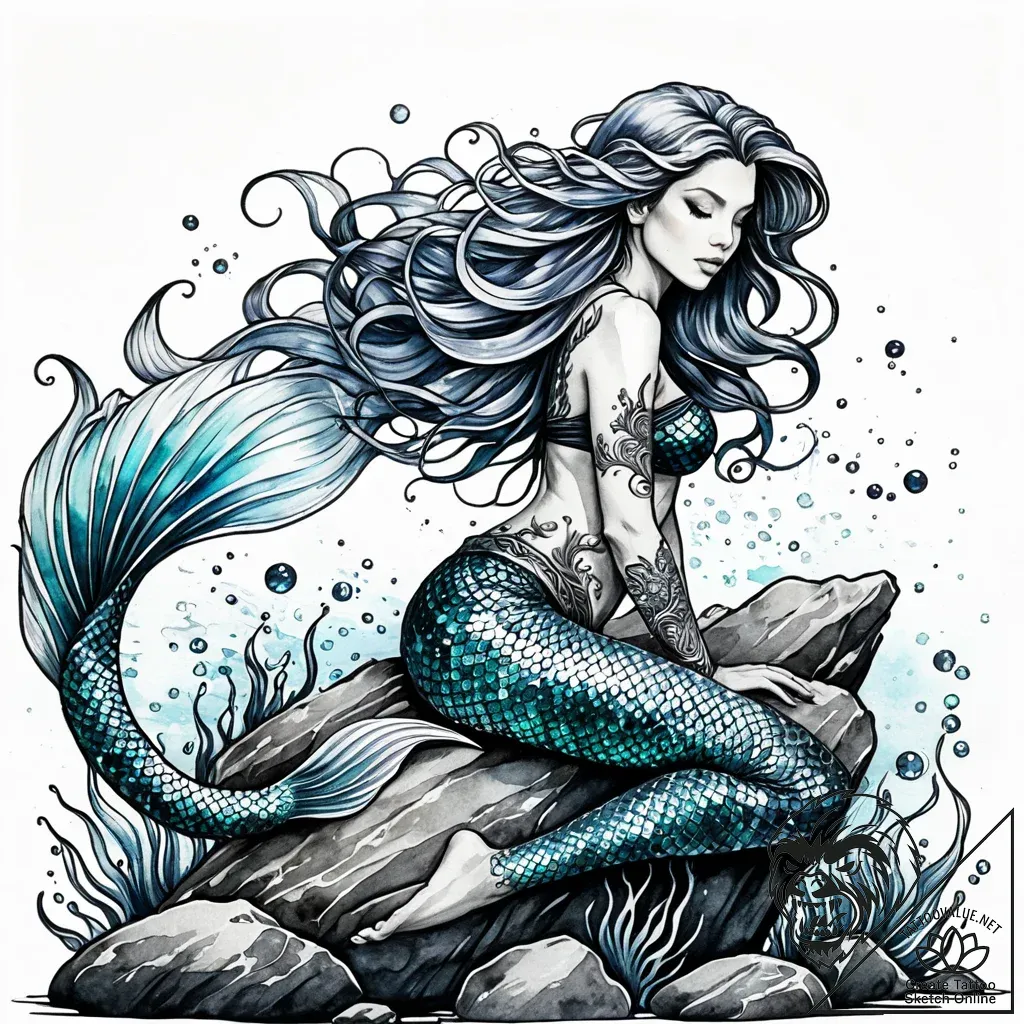 Tat tattoo sketch, enchanting mermaid perched... - style Jaeger Simple - tattoo sketch (05.11.2025 12:28)