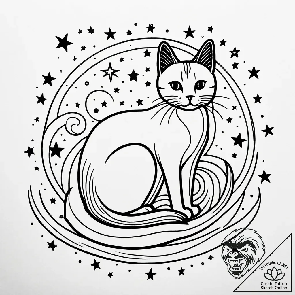 Cat's silhouette filled with a starry night s... - style Jaeger Simple - tattoo sketch (05.11.2025 12:48)
