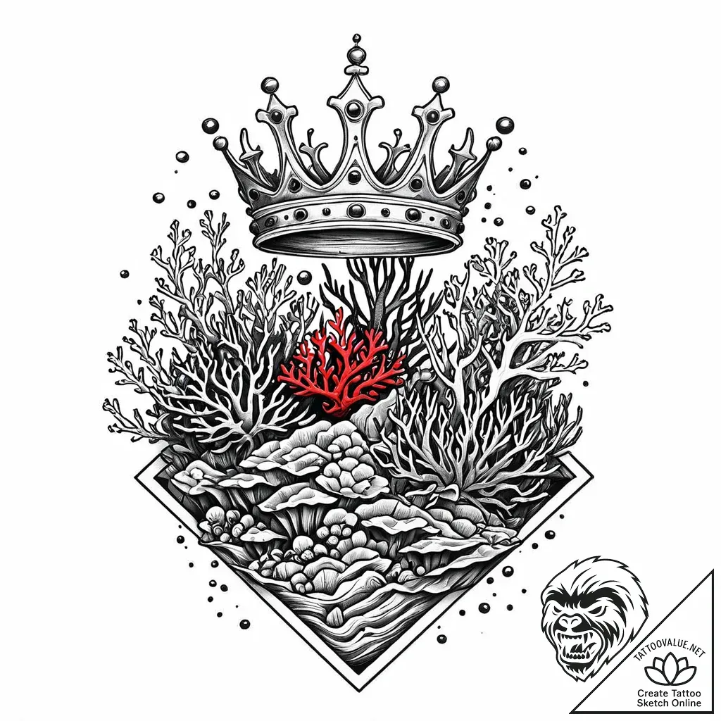 Sunken crown beneath coral reef, tattoo line... - style Jaeger Mini - tattoo sketch (05.11.2025 13:33)
