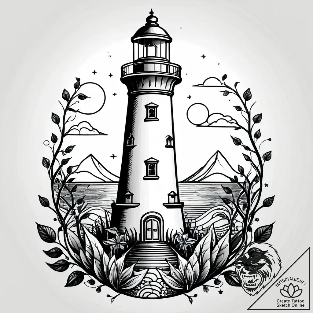 Lighthouse engulfed in vines, tattoo sketch d... - style Jagger Old - tattoo sketch (05.11.2025 14:38)