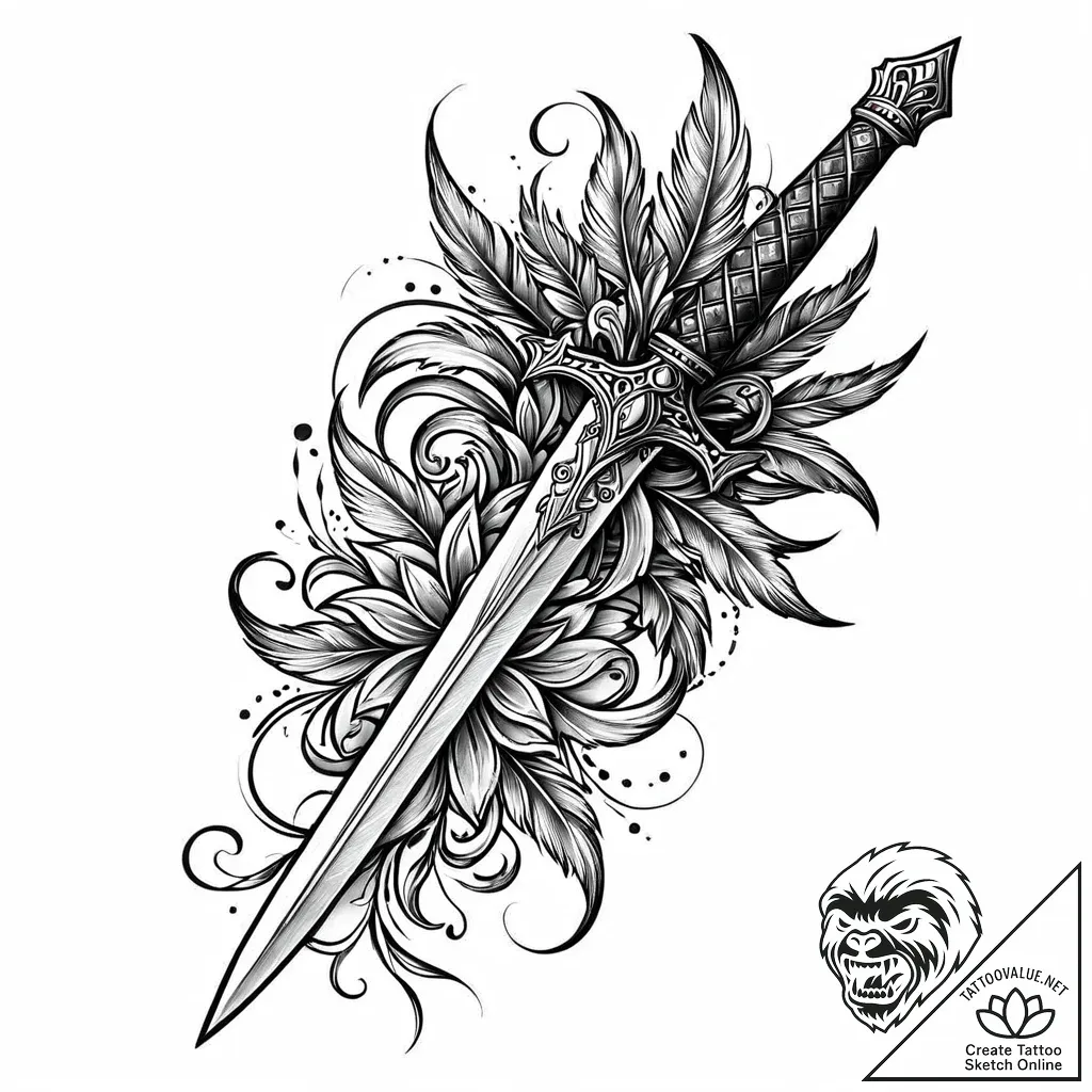 Dagger with feathered hilt, ink illustration... - style Jaeger Mini - tattoo sketch (05.11.2025 16:33)