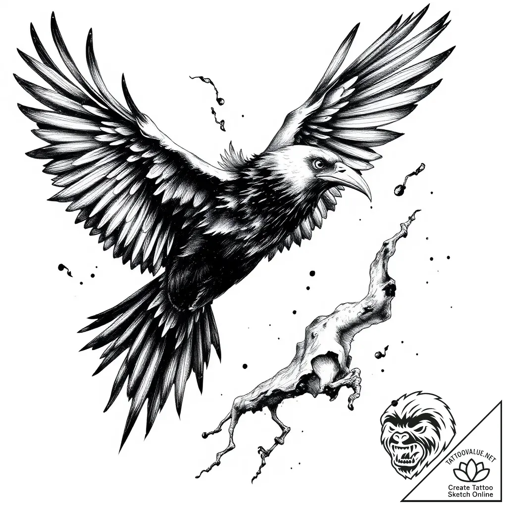 Ashen crow flying through storm, ink illustra... - style Flux Inscriptions - tattoo sketch (05.11.2025 16:43)