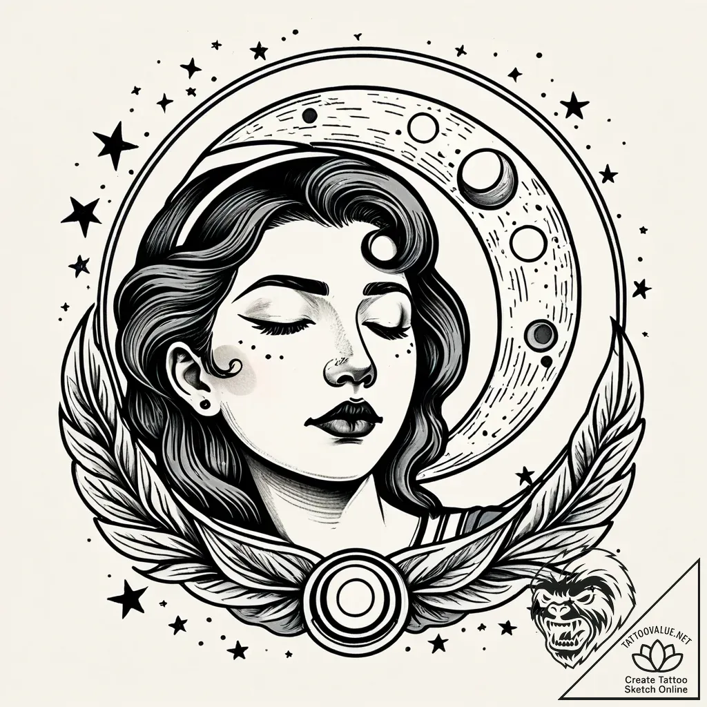 Waning moon with a sleepy, serene face, artis... - style Jaeger Simple - tattoo sketch (05.11.2025 16:48)