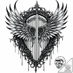 Graven wings beneath shattered gate, tattoo s… – style Jaeger Mini – tattoo sketch (05.11.2025 17:33)