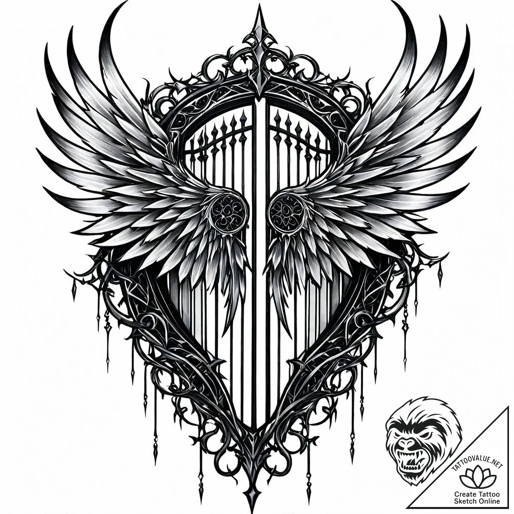 Graven wings beneath shattered gate, tattoo s... - style Jaeger Mini - tattoo sketch (05.11.2025 17:33)