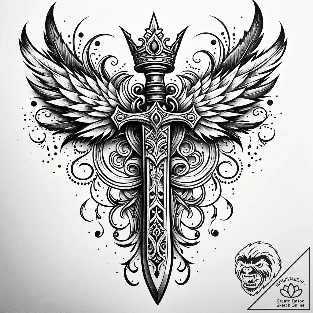 Feathered dagger crowned with bone, tattoo dr... - style Jaeger Simple - tattoo sketch (05.11.2025 18:08)