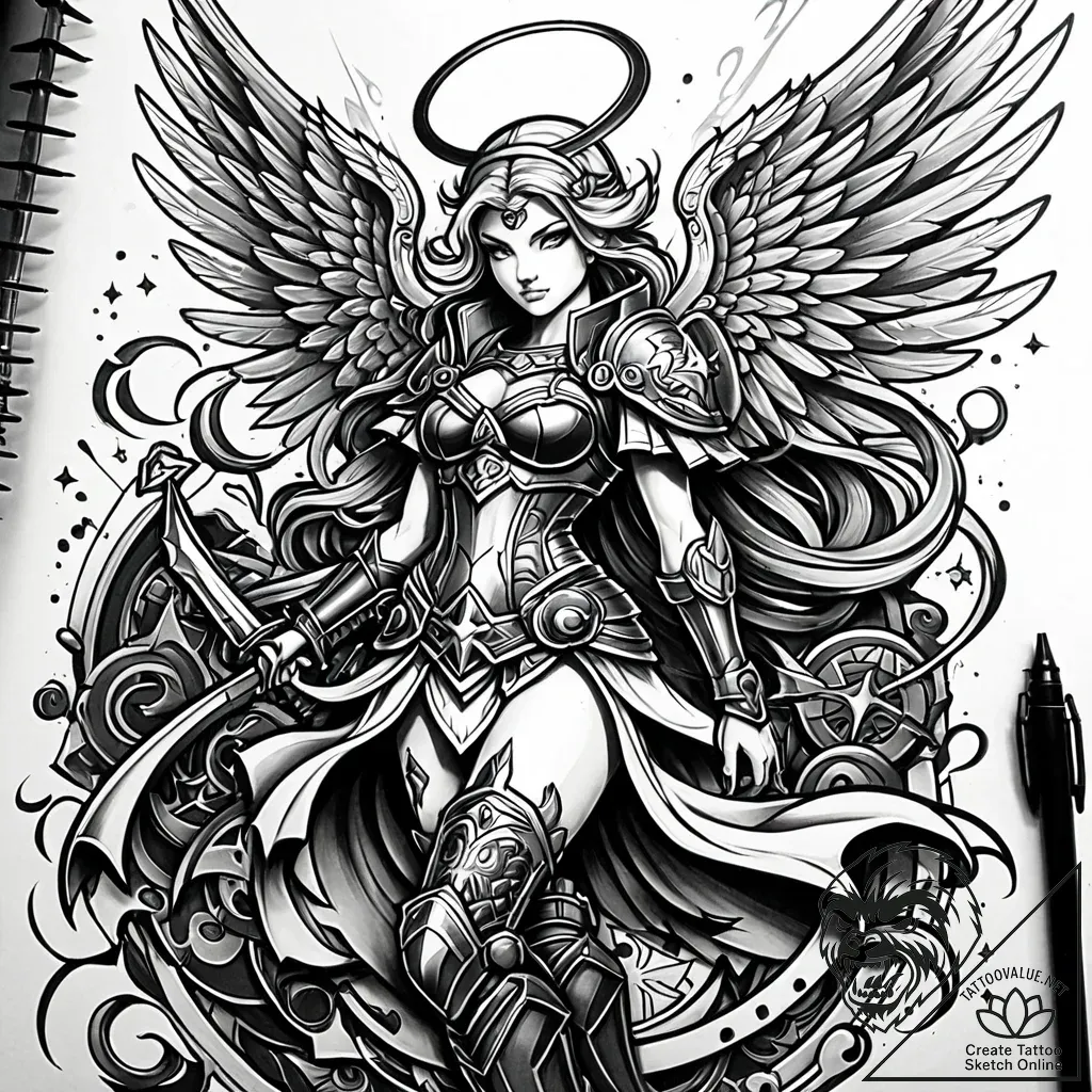 Angel warrior standing over battlefield, ink... - style Jaeger Simple - tattoo sketch (05.11.2025 20:28)