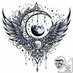 Glyph-covered wings beneath shattered moon, a… – style Jaeger Mini – tattoo sketch (05.11.2025 20:33)