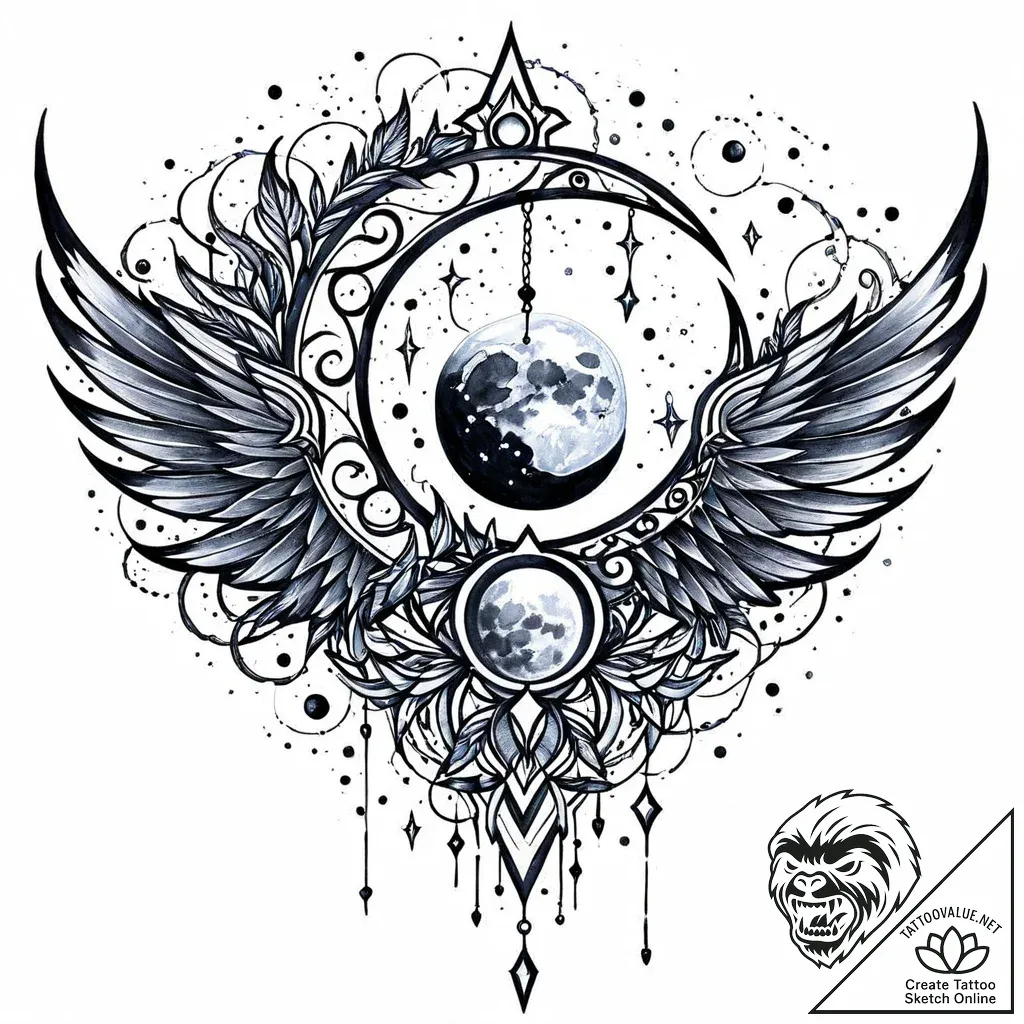 Glyph-covered wings beneath shattered moon, a... - style Jaeger Mini - tattoo sketch (05.11.2025 20:33)