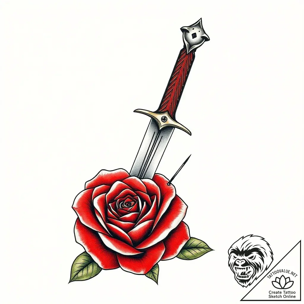 Rosethorn dagger beneath crimson bloom, tatto... - style Flux Inscriptions - tattoo sketch (05.11.2025 21:03)