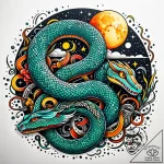 Chained serpent piercing moon, tattoo drawing… – style Jaeger Simple – tattoo sketch (05.11.2025 21:08)