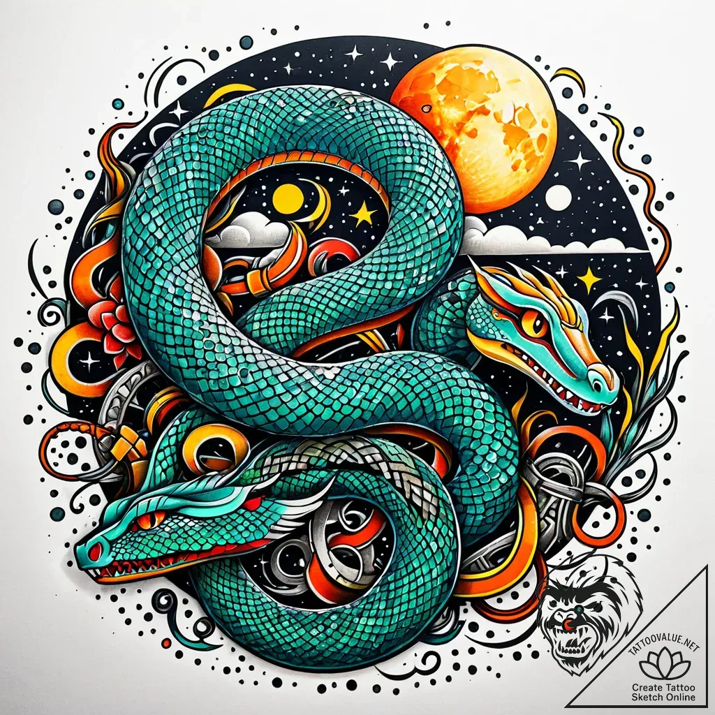 Chained serpent piercing moon, tattoo drawing... - style Jaeger Simple - tattoo sketch (05.11.2025 21:08)