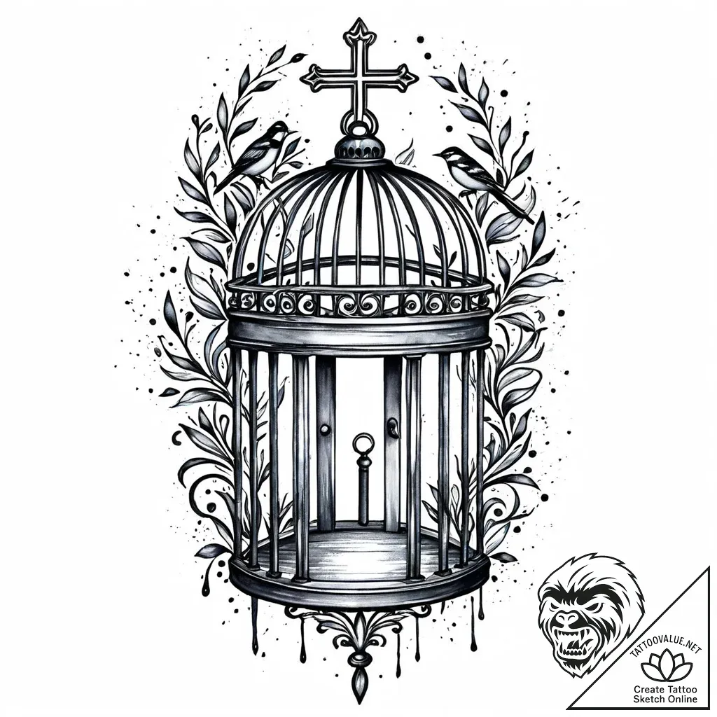 A whimsical birdcage with an open door, symbo... - style Jaeger Mini - tattoo sketch (05.11.2025 21:13)